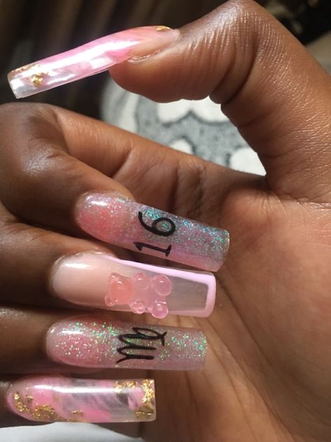 Virgo Pink Nails, Sweet 16 Nails Pink And Black, Birthday Nails With Number 15, Birthday Nails For Virgos, Nail For Birthday Ideas, Long Acrylic Nails Birthday Set Pink, Virgo Themed Nails, Virgo Acrylic Nails Designs, Cute Sweet 16 Nails