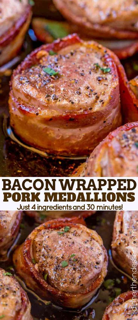 Bacon Wrapped Pork Medallions, Pork Fillet Recipes, Pork Medallion Recipes, Bacon Wrapped Pork Loin, Pork Tenderloin Medallions, Bacon Wrapped Pork Tenderloin, Impressive Dinner, Pork Medallions, Bacon Wrapped Pork