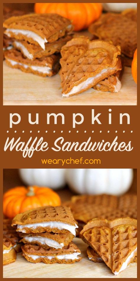 Pumpkin Waffles with Cream Cheese Filling - The Weary Chef Waffles With Cream Cheese, Waffle Sandwiches, Waffle Iron Recipes, Waffle Maker Recipes, Waffle Sandwich, Pumpkin Waffles, Pumpkin Pie Filling, Homemade Pumpkin, Waffle Recipes