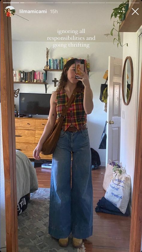 Cute Jean Outfits Aesthetic, Pattern Vest Outfit, Wide Leg Jeans On Curvy Women, Artsy Classy Outfits, Brown And Jeans Outfit, 70s Mom Outfit, Grandma Core Outfit Summer, 2024 Outfit Inspo Women, Black Trousers Outfit Spring