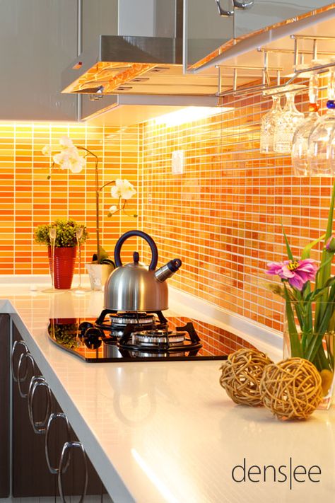 Burnt Orange Kitchen, Kitchen Cabinets Orange, Orange Interiors, Kitchen Color Orange, Elliott Homestead, Orange Tile, Orange Kitchen Decor, Orange Tiles, Bathroom Paint