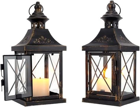 Amazon.com: TRIROCKS Set of 2 Decorative Candle Lantern 11'' High Metal Candle Holder Hanging Lantern Perfect for Home Decor Halloween Living Room Parties Events Tabletop Indoors Outdoors (Black with Gold Brush) : Home & Kitchen Lantern Christmas Decor, Halloween Living Room, Candle Vintage, Hanging Candle Holder, Decoration Shabby, Lantern Centerpieces, Metal Candle Holder, Lantern Candle Decor, Lantern Set