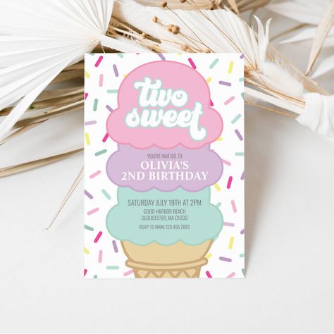 Ice Cream and Sprinkles Two Sweet 2nd Birthday Invitation - Birthday Invitation Two Sweet 2nd Birthday, Sweet One 1st Birthday, Birthday Invitations Pink, Cute Birthday Party Ideas, Birthday Invitations Templates, Ice Cream Invitation, Sprinkles Birthday Party, Girl Birthday Invitations, Two Sweet Birthday