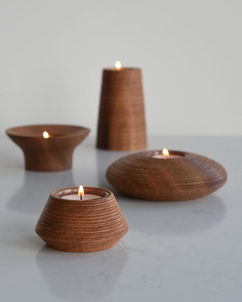 Just in time for those shorter days and longer nights where a little bit of #hygge can make all the difference. New Tealight Holders in Oak with our wheel thrown pottery inspired Linea Finish. Also available in American Walnut and Sycamore. Back to front in the first image Taper, Sensai, Køben and River Stone, all available in limited numbers via pre order in tomorrows Autumn Collection Launch . . . . . . . #nordichome #tealightholder #birdandbranch_turnery_co #productdesign #tealights #or... Diy Lathe Projects, Mini Lathe Projects, Wood Turning Ideas, Diy Lathe, Wood Turned Bowls, Tea Candle Holders, Lathe Projects, Wood Shapes, Chip Carving