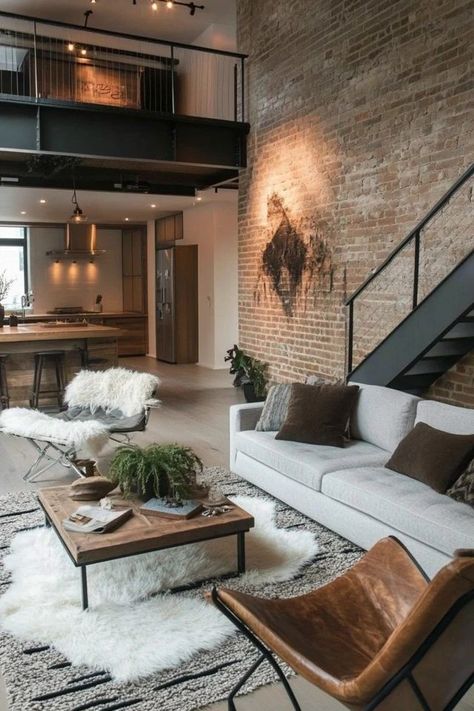 "Transform your living room into an urban retreat with Modern Industrial Decor! 🛋️🏭 Ideal for adding a touch of rugged elegance to your home. 🌿✨ #IndustrialStyle #LivingRoomDesign #ModernLiving" Organic Industrial Decor, Industrial Lounge Room, Industrial Country Home, Industrial Contemporary House, Industrial Home Design Living Room, Industrial Home Decor Ideas, Feminine Industrial Decor, Industrial Scandinavian Living Room, Social Living Room