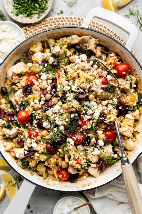 This Greek Orzo Skillet with Chicken and Chickpeas is veggie loaded, high in fiber and protein, great for weeknights, and meal prep lunches. Orzo With Chicken, Orzo Skillet, Chicken Greek, High Protein High Fiber, Greek Orzo, Protein Lunch, Chicken Orzo, Greek Flavors, Greek Chicken