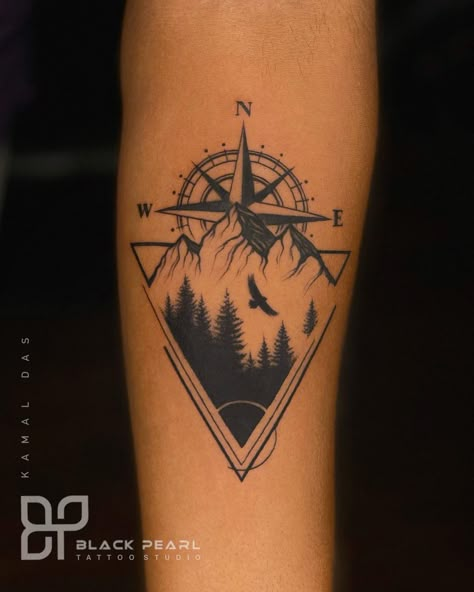 BLACKPEARL TATTOO & ART STUDIO on Instagram: "Tattoo by @kamaldas_blackpearltattoo at Blackpearl tattoo kasaragod For appointments call 9037279403 #Blackpearlkasaragod #blackpearlksd…" Hiking Tattoos Men, Compass Tattoo Design Men Leg, Outdoor Theme Tattoo Sleeve, Adventure Compass Tattoo, Male Arm Tattoo Ideas, Male Arm Tattoos Forearm, Compass With Mountains Tattoo, Compass Tattoo Design Men Forearm, Nature Band Tattoo