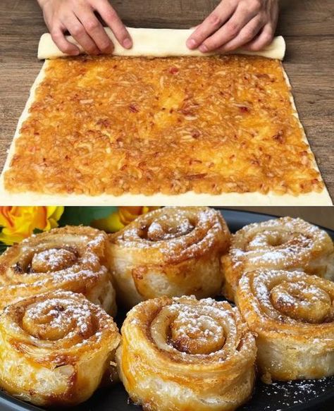 Quick Puff Pastry Apple Rolls Recipe Grated Apple Recipes, Apple Scrolls, Strawberry Puree Recipe, Quick Puff Pastry, Apple Rolls, Puff Pastry Apple, Apple Cinnamon Cake, Apple Puff Pastry, Cake With Strawberry