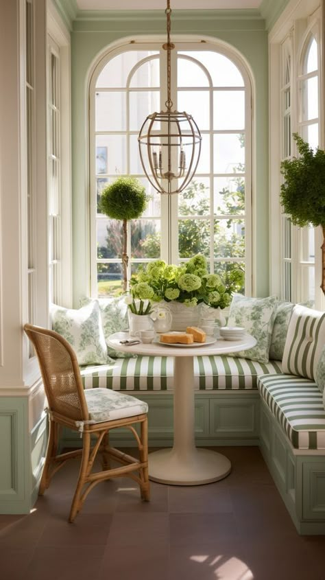 Kitchen Nook Benches, French Style Breakfast Nook, Kitchen Table Window Seat, Nancy Meyers Homes, French Breakfast Nook, French Country Breakfast Nook, Cozy Sunrooms, Breakfast Sunroom, Kitchen Bench Styling