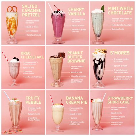 Summer shakes from food network snapchat Smoothie Milkshake Recipes, Summer Shakes Recipes, Fun Milkshake Ideas, Milk Shakes Recipes, Salted Caramel Milkshake Recipe, Summer Milkshakes, Milk Shake Recipes, Vanilla Milk Recipe, Oreo Smoothie