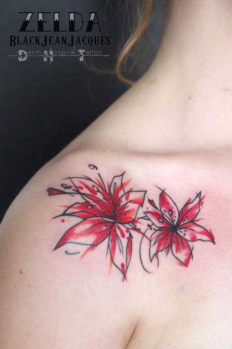 #lillies #lily #fire #watercolor #sketchy #tattoo done by #ZeldaBlackJeanJacques Tattoo Lillies, Watercolor Sleeve, Fire Watercolor, Lilly Flower Tattoo, Sketchy Tattoo, Tattoo Foot, Tattoo Watercolor, Lilly Flower, Trendy Tattoo