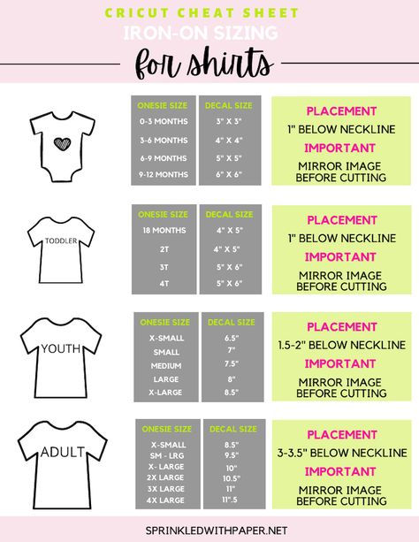 How to Make an Adorable Iron-on Shirt with Cricut Free Printable Iron-on Sizing Chart - Sprinkled with Paper Shirt Image Size Chart, Circuit Shirt Sizing, Avg Size Chart, Cricut Shirt Measurement Chart, Cricut Sizing For Shirts, Cricut Image Sizes For Shirts, Cricut Size Chart For Shirts, Vinyl Sizes For Shirts, Cricut Iron On Size Guide