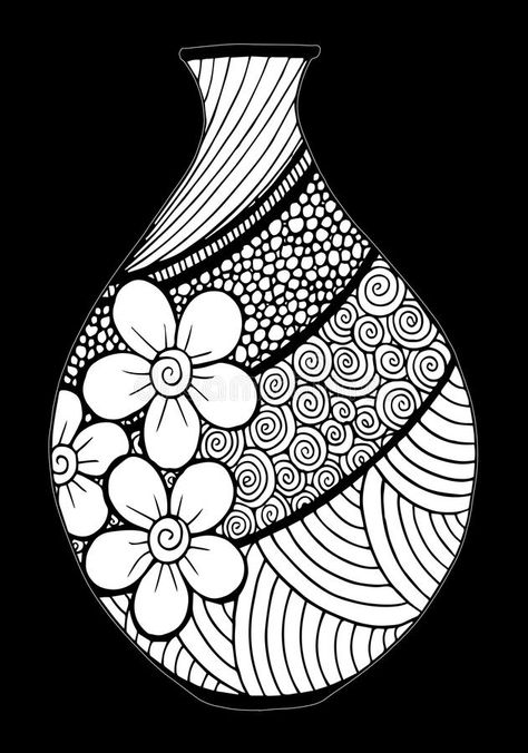 Beautiful black and white vase with floral decoration isolated vector illustration Mandala Vase Design, Pot Designs Drawing, Pot Drawing Design, Vase Art Drawing, Mandala Art For Kids, Pot Drawing, Black And White Vase, Doddle Art, Fashion Design Books