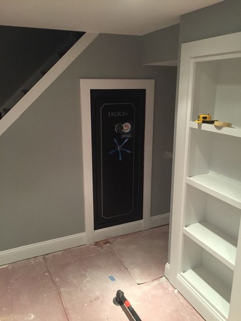 Built in gun safe. Safe Built Into Closet, Safe Built Into Wall, Safe Ideas For Home, Built In Safe Closet, Fireproof Safe Room, Built In Safe Ideas, Built In Safe, Safe Room Doors, Safe Ideas