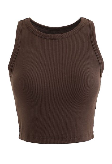 Brown Ribbed Tank Top, Dark Brown Tank Top, Cute Tops Png, Brown Cropped Tank Top, Brown Crop Top Outfit, Brown Tank Top Outfit, Twd Clothes, Tank Top Outfit Ideas, Png Tops