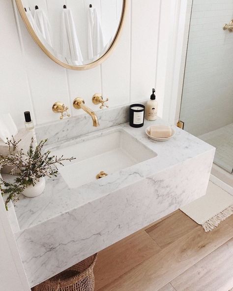 Pennymade on Instagram: floating marble sink, gold faucet, gold oval mirror, hardwood floors, clean modern farmhouse bathroom Floating Marble Sink, Powder Room Sink, Floating Sink, Gold Faucet, Bad Inspiration, Modern Farmhouse Bathroom, Marble Sinks, Floating Vanity, Marble Bathroom