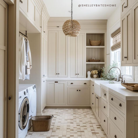 I love everything about this laundry room 😍 See more inspo from Shelley Bates on the blog Two Tone Laundry Room, Laundry Room With Bench, Laundry Room Mud Room Combo, Washroom Ideas, Laundry Craft Rooms, Transitional Laundry Room, Laundry Pantry, Traditional Laundry Room, Laundry Room/mud Room