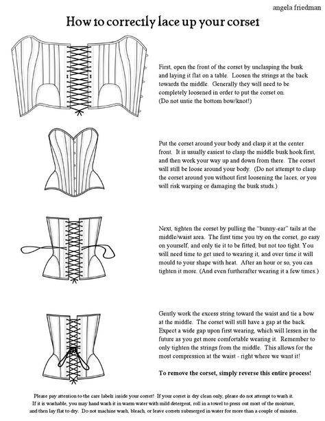 ISSUU - Corset lacing how-to by Angela Friedman How To Properly Lace A Corset, Corset Lacing Tutorial, How To Tie Corset, How To Lace Up A Corset, Corset Lacing Techniques, How To Put On A Corset By Yourself, Corset Organization, Corset Boning Placement, How To Lace A Corset