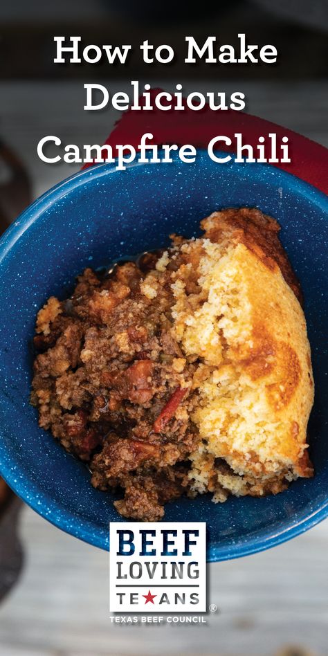 Campfire Cornbread, Campfire Dutch Oven Bread, Cornbread Over Campfire, Campfire Bread Dutch Ovens, Dutch Oven Chili And Cornbread, Campfire Chili Recipe, Campfire Chili, Dutch Oven Chili, Chili And Cornbread