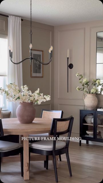 Transitional Dining Room Wainscoting, Crown Molding In Dining Room, Dining Hall Wall Design, Dining Room Beige Walls, Taupe Dining Room Walls, Accent Wall For Dining Area, Mauve Dining Room Walls, Dining Room Wall Moulding, Color Drenched Dining Room