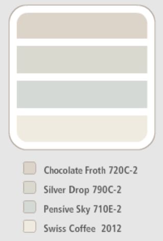 Behr - Colour Scheme (chocolate froth, silver drop, pensive sky, swiss coffee) Chocolate Froth Behr Paint, Behr Chocolate Froth, Behr Swiss Coffee, Behr Silver Drop, Paint Colors Behr, Bathroom Paint Colors Behr, Window Cabinet, Interior Paint Colors Schemes, Behr Colors