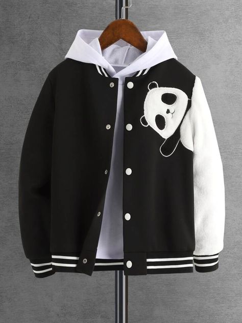 Panda Embroidery, Tomboy Stil, Graphic Jackets, Shein Kids, Jacket Outfit Women, Stylish Hoodies, Concept Clothing, Fashion Top Outfits, Varsity Jacket Men