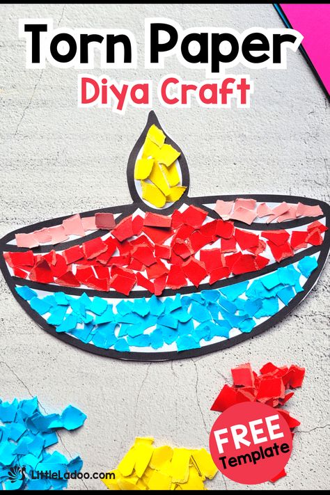 Torn Paper Diya Craft Diwali Projects For Kids, Diwali Diya Craft For Preschool, Diya Making For Kids, Diwali School Activities, Diwali Activity For Kids In School, Preschool Diwali Activities, Diwali For Preschool, Dussehra Craft, Diwali Crafts For Kindergarten