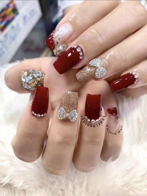 Nail Art For Bride Perfect Wedding, Bridal Nails Red Wedding, Red Bride Nails, Deepavali Nail Design, Bridal Nail Extensions Brides, Red Bridal Nails Wedding, Nail Extensions For Bride, Bridal Nail Designs Brides, Wedding Nail Art Design For Bride