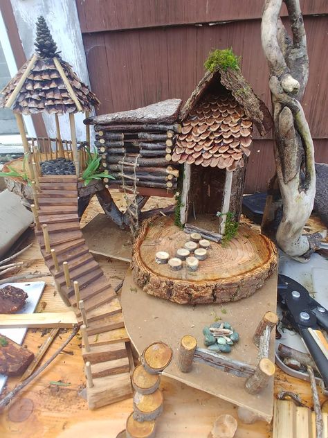 Build Fairy House, A Frame Fairy House, How To Build A Fairy House, Fairy House Diy Natural Materials, Hanging Fairy House, Twig House, Fairy City, Minecraft Cherry Blossom House, Minecraft Village Ideas