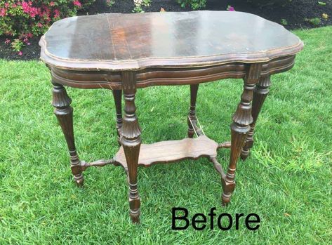 Victorian antique parlor table makeover with damaged wood grain. Save ugly wood grain with a two-tone stain on your next painted furniture project | antique table | parlor table | antique parlor table | old tables | antique wood table | Victorian parlor table | Two Tone Furniture, Old Tables, Apartment Painting, Parlor Table, Victorian Parlor, Wooden Dresser, Table Makeover, Antique Wood, Antique Table