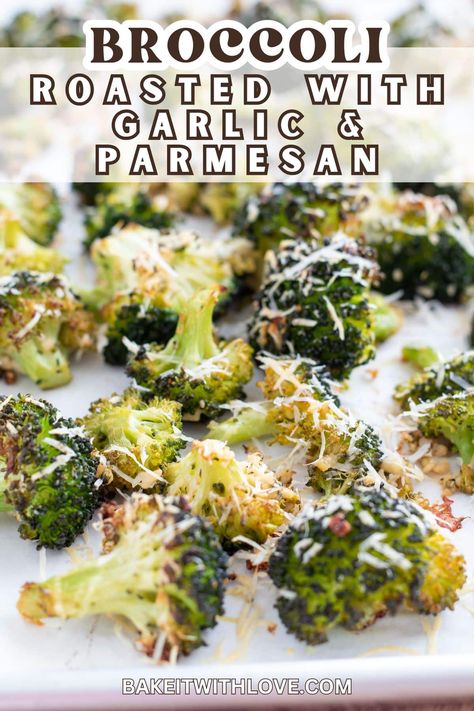 My easy oven roasted broccoli with garlic and Parmesan cheese combines my favorite flavors in a staple dinner side dish. I love the wonderful garlic flavor and rich Parmesan cheese topping that make this recipe hard to beat. Plus, roasting brings out a different broccoli flavor that's a treat for all veggie lovers. Follow Angela at BIWl for more great side dishes! BakeItWithLove.com #broccoli #roasted #sidedish #veggies Broccoli Recipes Side Dish, Parmesan Roasted Broccoli, Roasted Broccoli Recipe, Broccoli Side Dish, Garlic Roasted Broccoli, Parmesan Broccoli, Vegetarian Sides, Diner Recept, Vegetarian Side Dishes