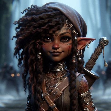 a portrait of a dark skinned female gnome in the s - Image Creator in Bing Deep Gnome Female, Fey Wanderer, Dnd Gnome, Gnome Female, Gnome Dnd, Deep Gnome, Female Gnome, Character Profiles, African Art