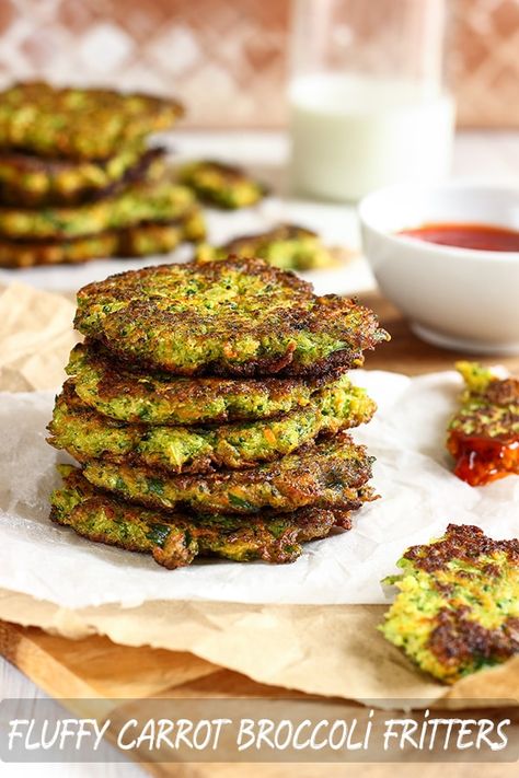 Fluffy carrot broccoli fritters recipe. If you are looking for meat-free alternatives or want to include more veggies in your diet these vegetable patties are for you. Ready in 30-minutes. #happyfoodstube #broccoli #carrot #fritters #recipe #lowcarb #vegetarian #healthy #veggie #patties Broccoli Carrot Fritters, Vegetable Patties, Carrot Fritters, Vegetarian Fritters, Baked Zucchini Fritters, Meatless Dinners, Vegetable Fritters, Broccoli Carrot, Salty Recipes