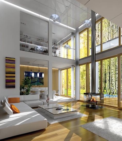 Floor To Ceiling Windows Loft, Floor To Ceiling Windows Living Room, Ceiling To Floor Windows, Bathroom Main, Modern Window Design, Steel Sheds, Dream Goals, Modern Villa Design, Glass Fireplace