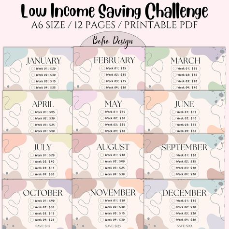 A6 Money Savings Challenge Bundle, Low Income Monthly Savings Challenge Bundle,Boho Money Challenge, Savings Tracker Printable Please note that this is a DIGITAL DOWNLOAD file with no physical product included. Are you searching for a delightful way to cut costs without sacrificing fun? Your solution has arrived! Dive into our 12-month A6 Savings Challenges pack, meticulously designed to infuse your life with joy while bolstering your savings. With its effortless printability and unlimited print Monthly Money Challenge, Printable Money Challenge, Saving Plans Weekly, Easy Money Challenge, Weekly Cash Savings, 6 Week Savings Challenge, 20 Thousand Saving Challenge, Monthly Budget Challenge, Monthly Savings Plan Printables