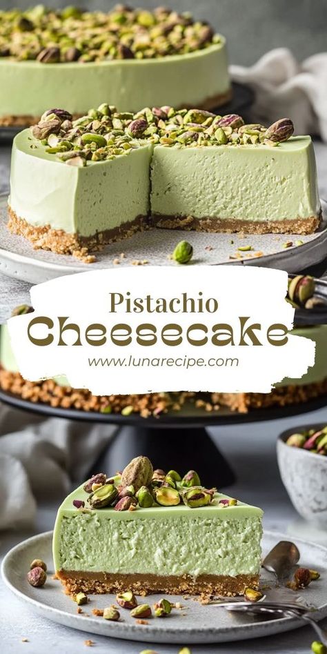 This Pistachio Cheesecake is a must-try! 🍰🥜 Rich, creamy, and packed with the nutty flavor of pistachios, this cheesecake is a show-stopping dessert for any occasion. Perfect for special celebrations or whenever you’re craving something indulgent and delicious.  📌 Pin this recipe to bake a creamy and flavorful pistachio cheesecake for your next dessert! #PistachioCheesecake #CheesecakeLovers #IndulgentDesserts #BakingIdeas #ShowStoppingDesserts #NuttyFlavors No Bake Pistachio Cheesecake, Pistachio Cheesecake Recipe, Pistachio Cake Recipe, Easy Strawberry Desserts, Pistachio Dessert, Pistachio Cheesecake, Pistachio Recipes, Cheesecake Lovers, Pistachio Cake