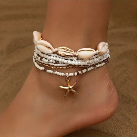 Travel Passions - 6pcs Starfish Shape Pendant Anklet Set With Shell Shape Beads Stackable Ankle Bracelet Set **Ships In 7-15 Business Days ** Travel Passions Ankle Jewelry Handmade, Ankle Bead Bracelets, Shell Bracelet Ideas, Ankle Braclets, Obx Summer, Shell Accessories, Ankle Bracelets Boho, Sea Shell Jewelry, Starfish Anklets