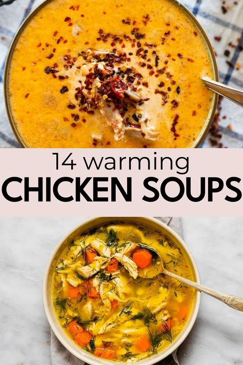 Warm your soul with these comforting chicken soup recipes. Whether you're feeling under the weather or craving a cozy meal, these hearty dishes are sure to hit the spot. From classic chicken noodle soup to spicy chicken tortilla soup, there's a recipe here for every taste bud. Grab your ingredients and get ready to simmer up some deliciousness in your kitchen. These easy-to-follow recipes will make you a champion in the kitchen and have everyone asking for seconds. Flavorful Chicken Soup Recipes, Chicken In Soup Recipes, Chicken Cheese Soup Recipes, Whole Chicken Soup Recipes Homemade, Damn Delicious Chicken Noodle Soup, Feel Good Chicken Soup, Soups With Cooked Chicken, Delicious Chicken Soup Recipes, Healthy Soup Recipes With Chicken