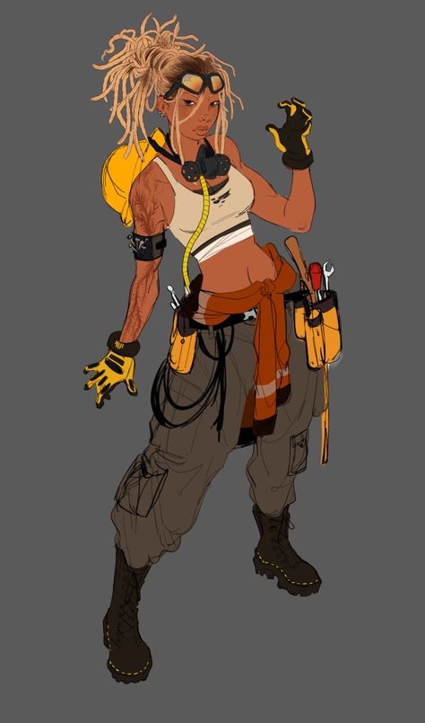 Cyberpunk Engineer Character, Welder Character Design, Cyberpunk Outfits Drawing, Cyberpunk Fantasy Outfit, How To Do Character Design, Mechanic Outfit Character Design, Cyberpunk Character Designs, Cyberpunk Character Ideas, Futuristic Character Design Cyberpunk