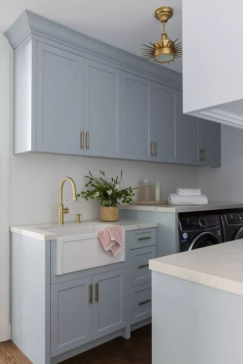 Blue Paint Colors For Laundry Room, Blue Washer Dryer Laundry Room, Powder Blue Laundry Room, Transitional Laundry Room Ideas, Bright Color Laundry Room Ideas, Blue Cabinet Laundry Room, Painted Laundry Room Cabinets, Laundry Cabinet Colors, Colors For Laundry Room