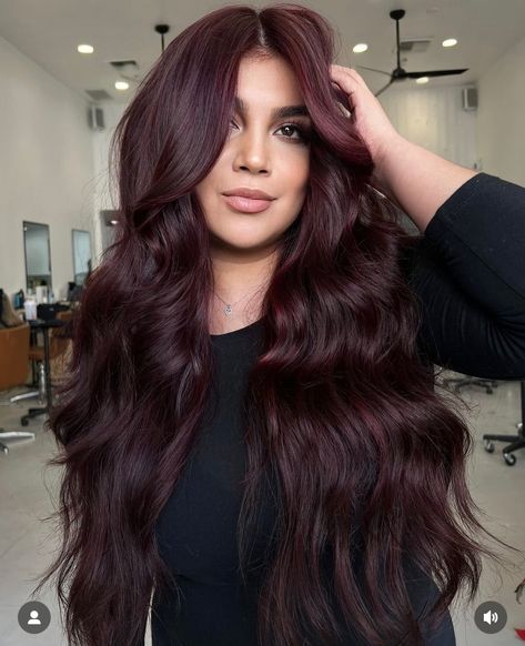 Burgundy Dark Hair, Cherry Balayage Brunettes, Deep Red Burgundy Hair Color, Red Wine Burgundy Hair, Black Maroon Hair, Brown To Burgundy Hair, Cherry Brunette Balayage, Fall Hair Colors For Brown Eyes, Red Glaze On Dark Brown Hair