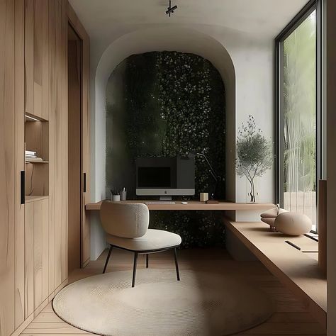 A minimalist Japandi home office seamlessly blending modern elements with natural aesthetics. Featuring an arched wall adorned with light wood grain and white tones, the space exudes a serene ambiance. Neutral-toned accents, such as a round carpet and light-coloured furniture, complement the minimalist composition. A desk positioned against the archway is adorned with greenery in vases, while a beige-cushioned chair sits invitingly in front. Additional touches include a window behind the ... Japandi Office, Japandi Home Office, Interior 2024, Minimalist Japandi, Japandi House, Office Desk Designs, Light Colored Furniture, Japandi Interior Design, Japandi Interiors