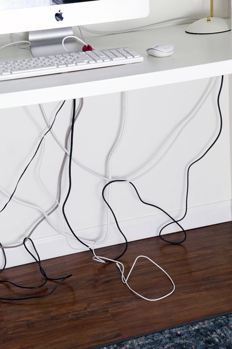 IHeart Organizing: Cord Organization: Tips & Tricks Wire Management Ideas Cable Organizer, Hiding Electrical Cords, Cable Tidy Ideas, Desk Wire Management, Hide Computer Cords, Hide Electrical Cords, Organize House, Desk Organization Tips, Power Cord Organizer