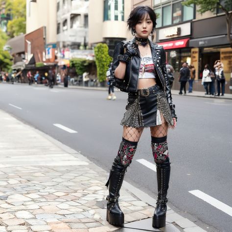 #punk #punks #punkfashion #punkstyle #punkgirls #streetstyle #streetsnap #aiartか Punk Glam Outfit, Punk Rock Aesthetic Girl, Leather Punk Outfit, Street Punk Aesthetic, Battle Of The Bands Outfit, Feminine Punk Outfits, Punkish Outfit, Punk Rock Girl Outfits, Female Punk Outfits