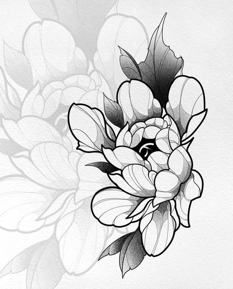 Peony Tattoo Dotwork, Bold Linework Tattoo, Ornamental Rose Tattoo, Chrsanthym Tattoo, Japanese Peony Drawing, Flower Tattoo Linework, Flower Flash Sheet, Neo Traditional Peony, Neo Traditional Flowers