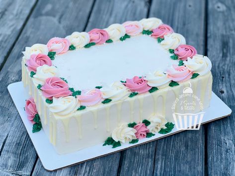 Rectangular Birthday Cake Ideas, Sheet Cake With Roses, Square Cakes Design, Square Floral Cake, Square Cake Designs Simple, Rectangle Cake Designs, Sheet Cakes Decorated Birthdays, Flower Sheet Cake, Simple Sheet Cake Designs