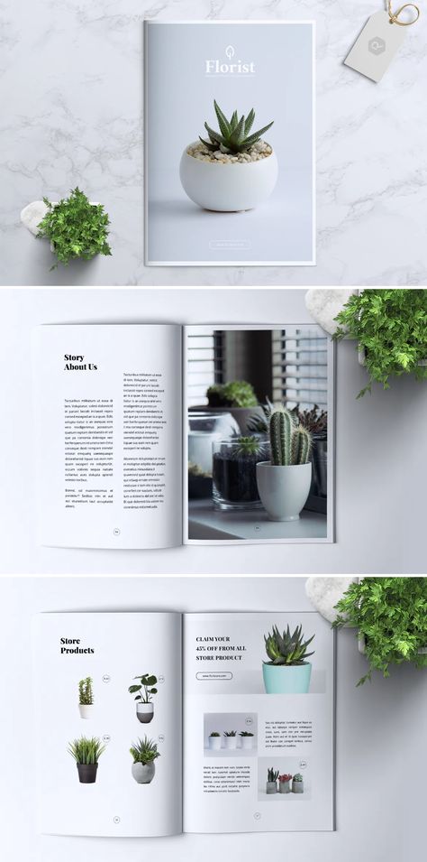 Florist Brochure Design Template InDesign INDD. 24 custom pages design Flower Brochure Design, Plant Catalog Design, Plant Magazine Layout, Florist Brochure, Hackathon Ideas, Plant Brochure, Plant Advertisement, Plant Magazine, Garden Editorial