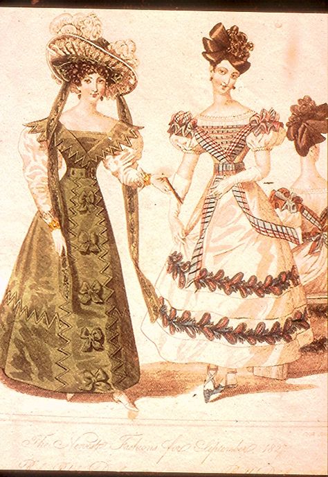 Extremely extravagant and elegant dresses were the style and fad for high society women. 1820s Fashion, 1830s Fashion, Modern Gown, Victorian Romance, Regency Fashion, 19th Century Fashion, Woman Silhouette, Moda Vintage, Modern Dress