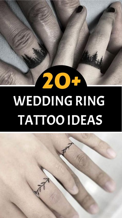 Explore our detailed handbook showcasing innovative wedding ring tattoo suggestions! For those seeking a distinctive and heartfelt departure from conventional wedding bands, this guide is for you. Marriage Ring Tattoos, Wedding Ring Tattoo For Men, Couple Ring Finger Tattoos, Wedding Ring Tattoo Ideas, Wedding Band Tattoos, Ring Tattoo Ideas, Him And Her Tattoos, Band Tattoos For Men, Ring Tattoo Designs