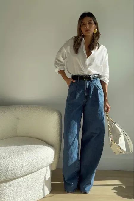 Loose Jeans Outfit, طفلة حديثة ال�ولادة, White Shirt Outfits, Looks Jeans, Blue Jean Outfits, Jeans Outfit Women, Casual Day Outfits, Outfit Jeans, Looks Black